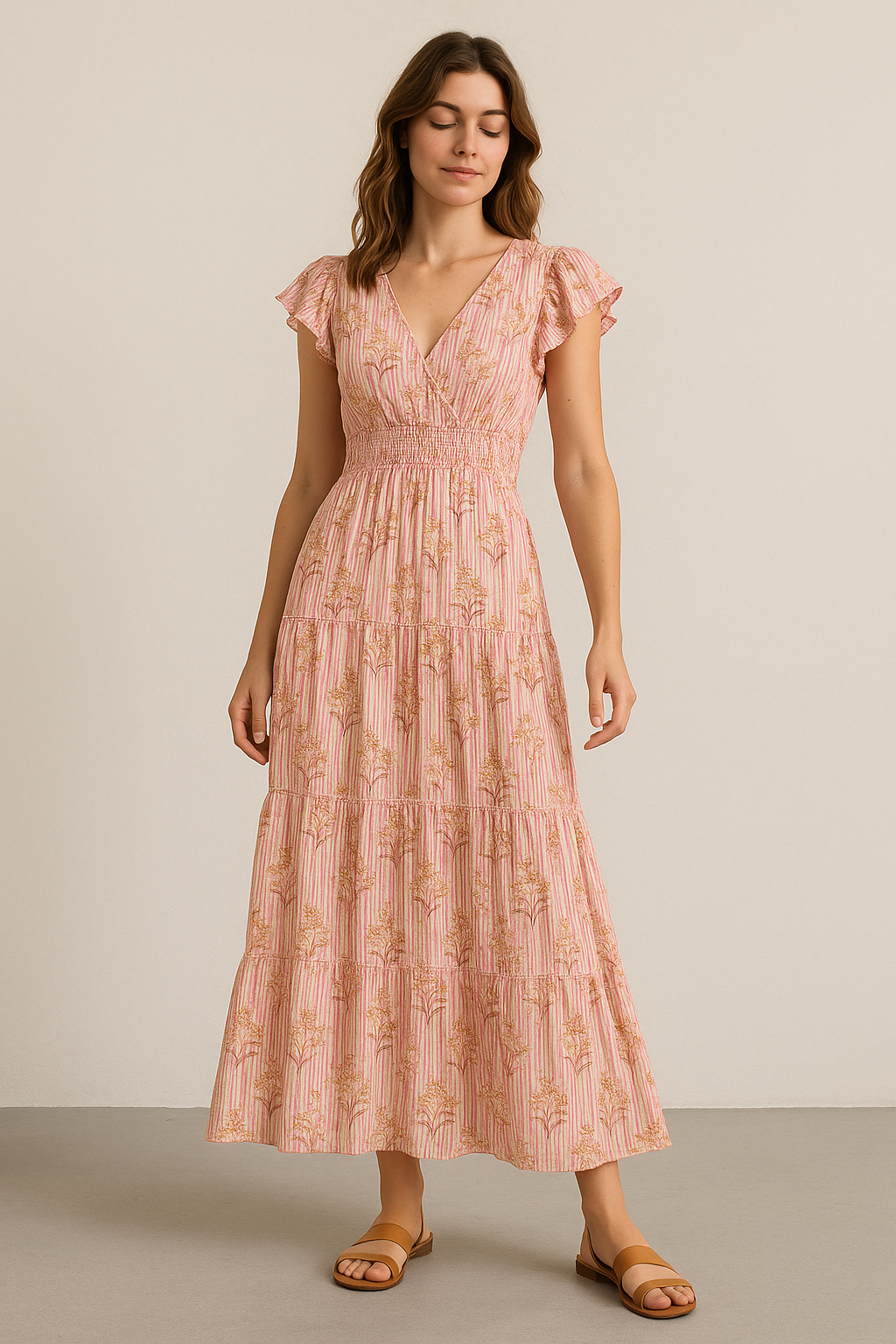 Pink Flower Leaves With Strips Digital Printed Fabric - Pure Cotton