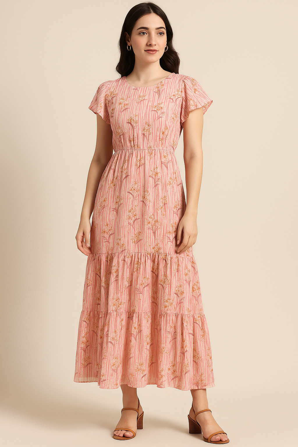 Pink Flower Leaves With Strips Digital Printed Fabric - Pure Cotton