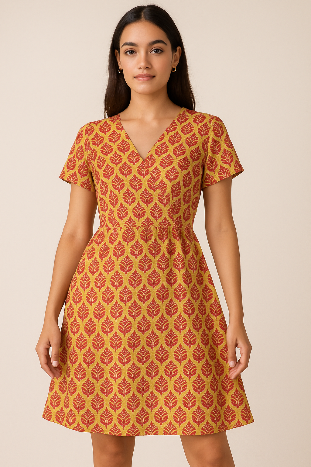 Stylish Red Fleur-de-lis Yellow Flower Digital Printed Fabric - Pure Cotton