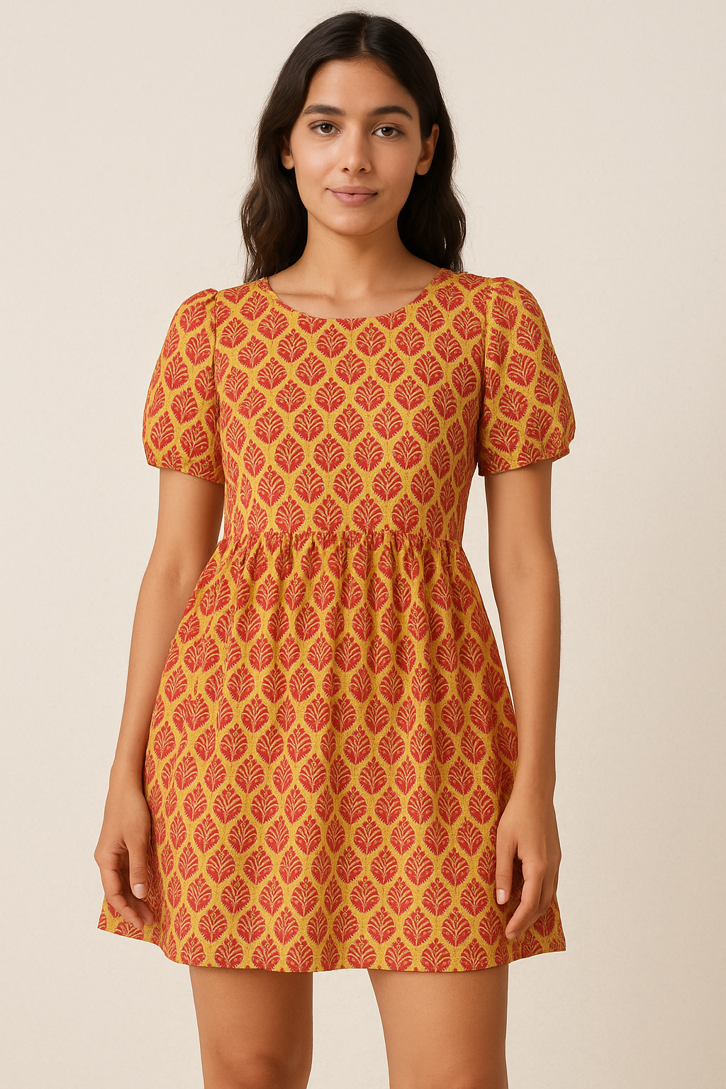 Stylish Red Fleur-de-lis Yellow Flower Digital Printed Fabric - Pure Cotton