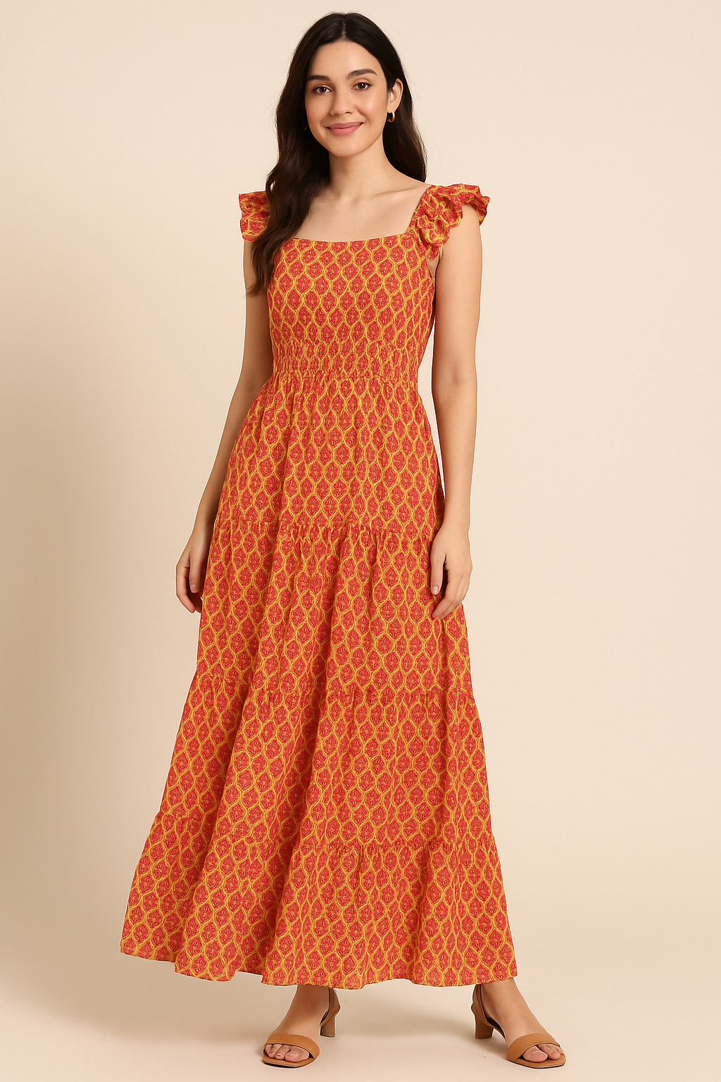 Stylish Red Fleur-de-lis Yellow Flower Digital Printed Fabric - Pure Cotton