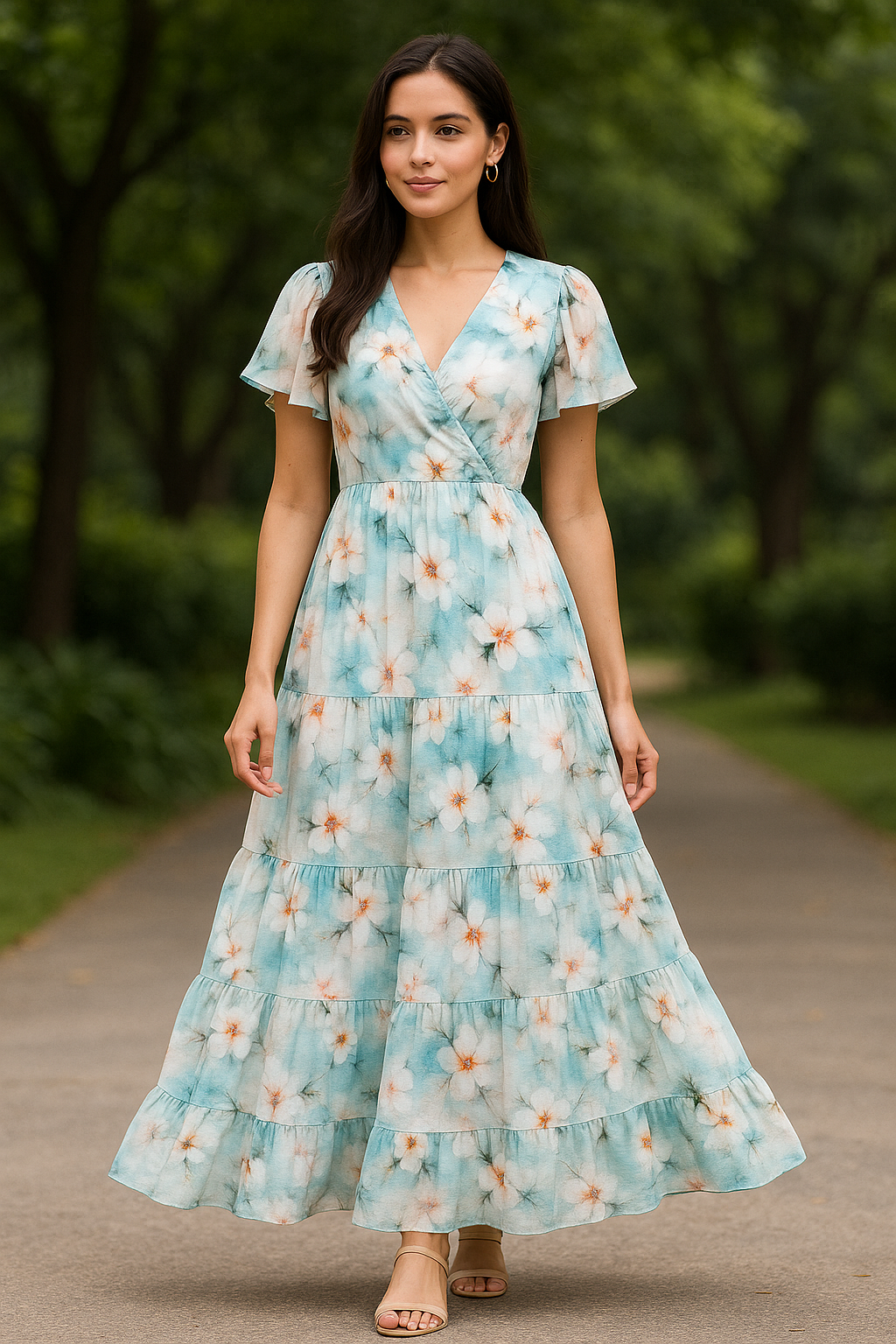 White Orchids Flower With Blue Background Digital Printed Fabric - Pure Cotton