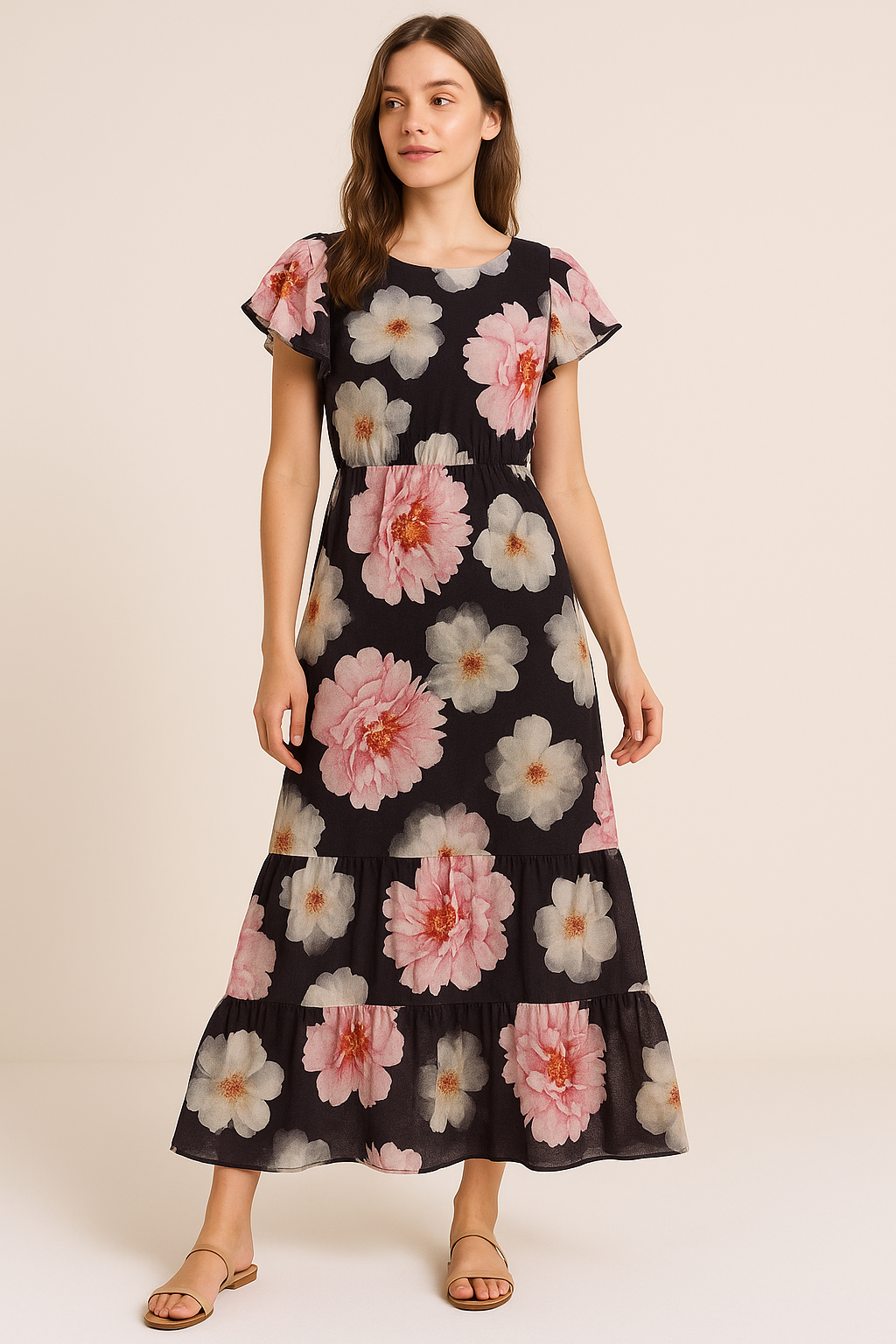 Attractive Pink Roses With Grey Digital Printed Fabric - Cotton