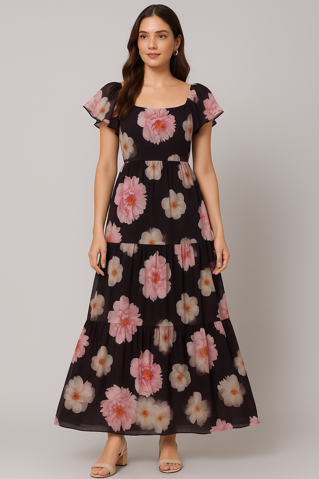 Attractive Pink Roses With Grey Digital Printed Fabric - Cotton