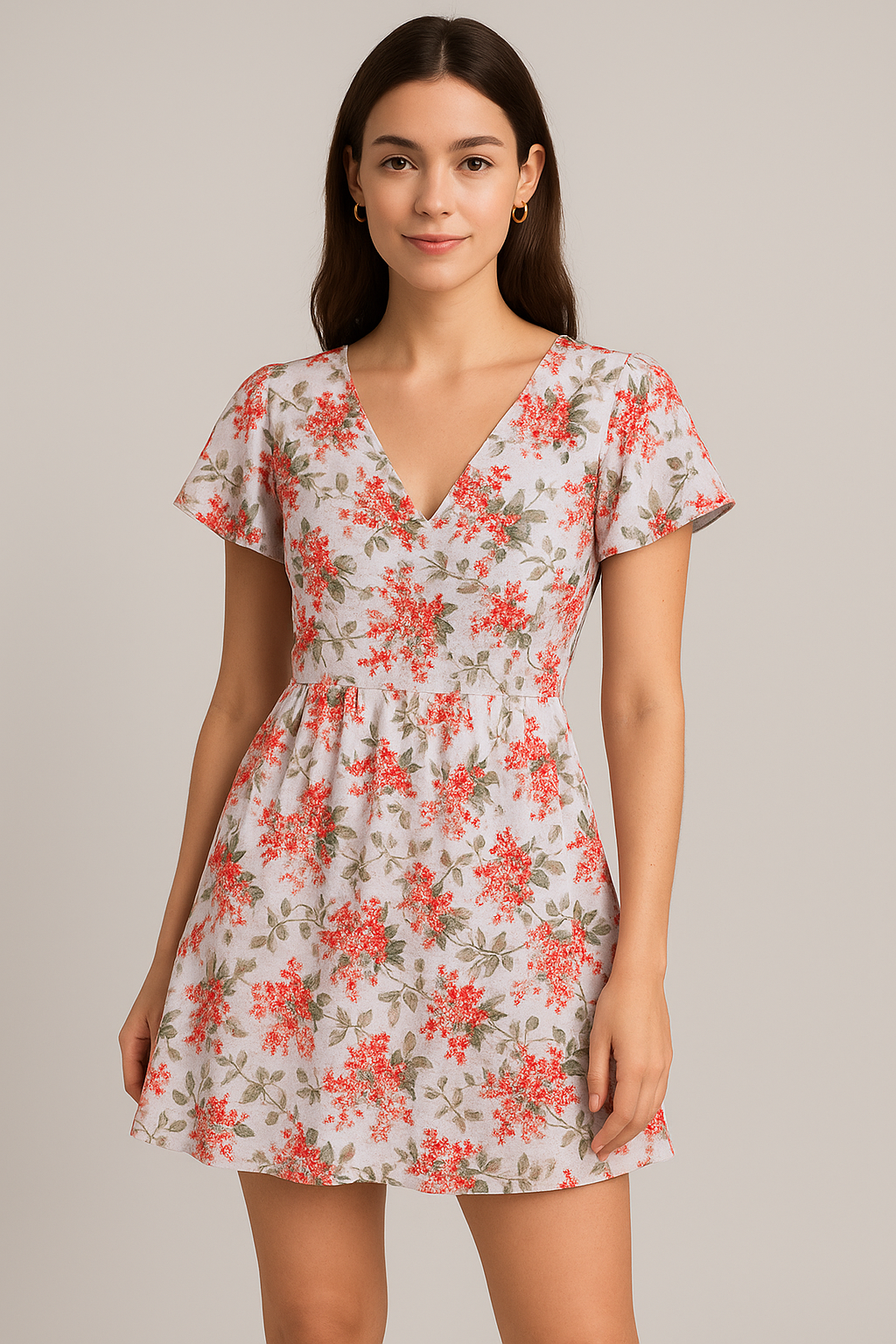 Tiny Daffodil Flower With Birch Leaves Digital Printed Fabric - Cotton