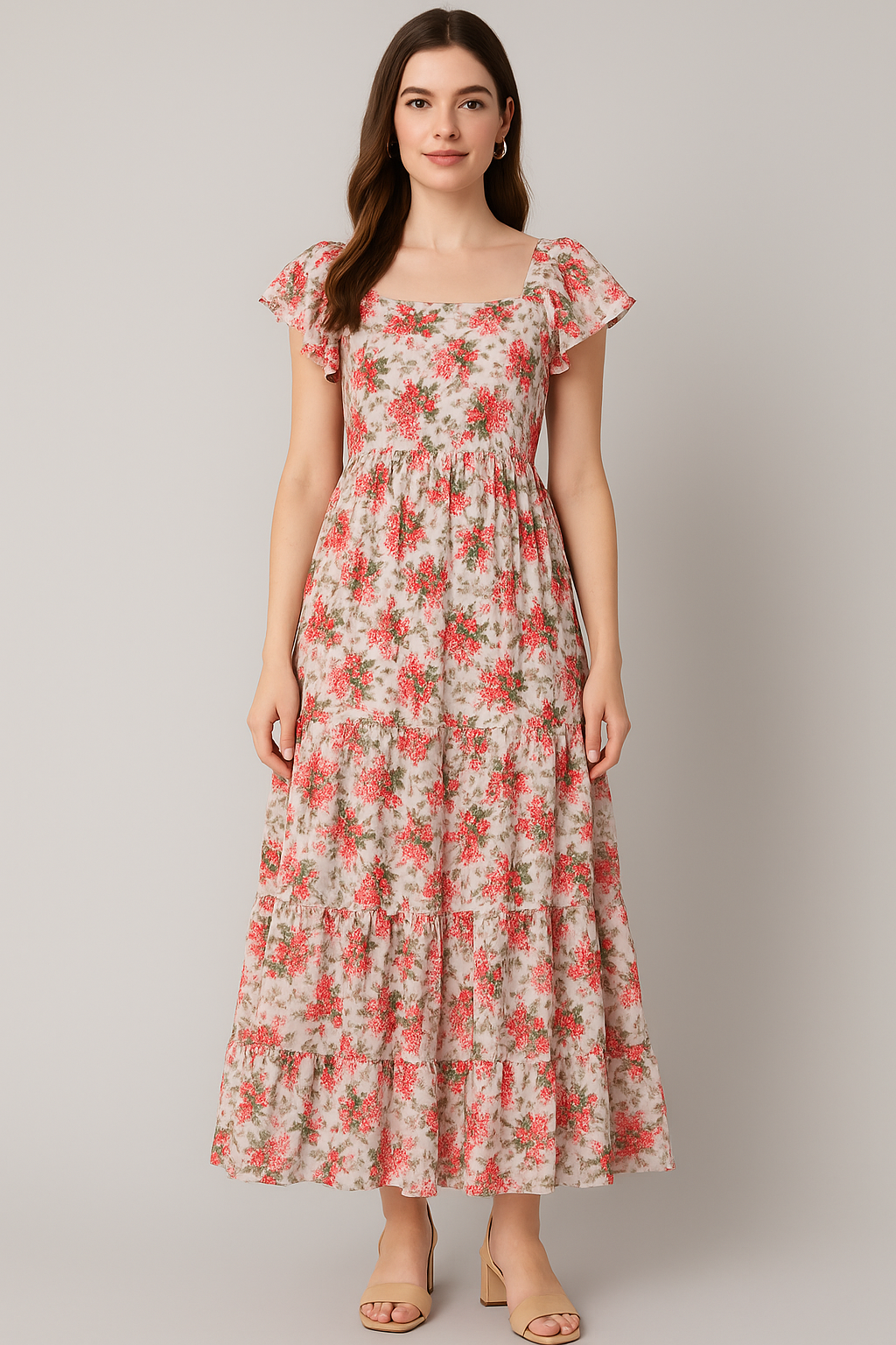 Tiny Daffodil Flower With Birch Leaves Digital Printed Fabric - Cotton