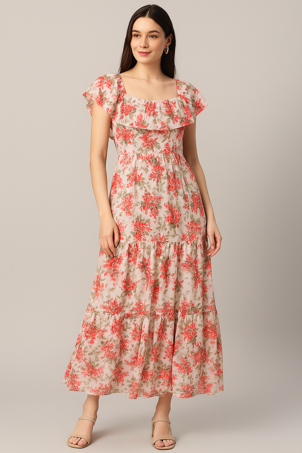 Tiny Daffodil Flower With Birch Leaves Digital Printed Fabric - Cotton