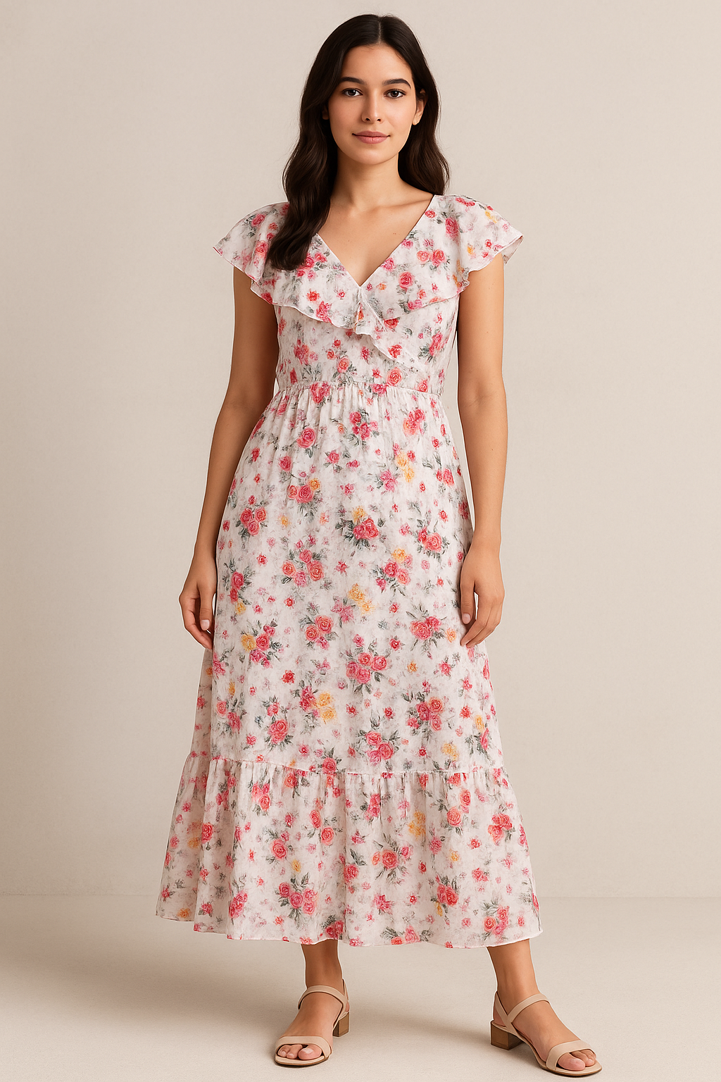 Beautifull Red And Pink Camellia Rose Of Branch Digital Printed Fabric - Cotton