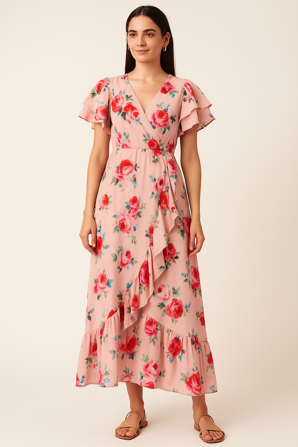 Exotic Blooms Water Color Cream Rose Digital Printed Fabric - Pure Cotton