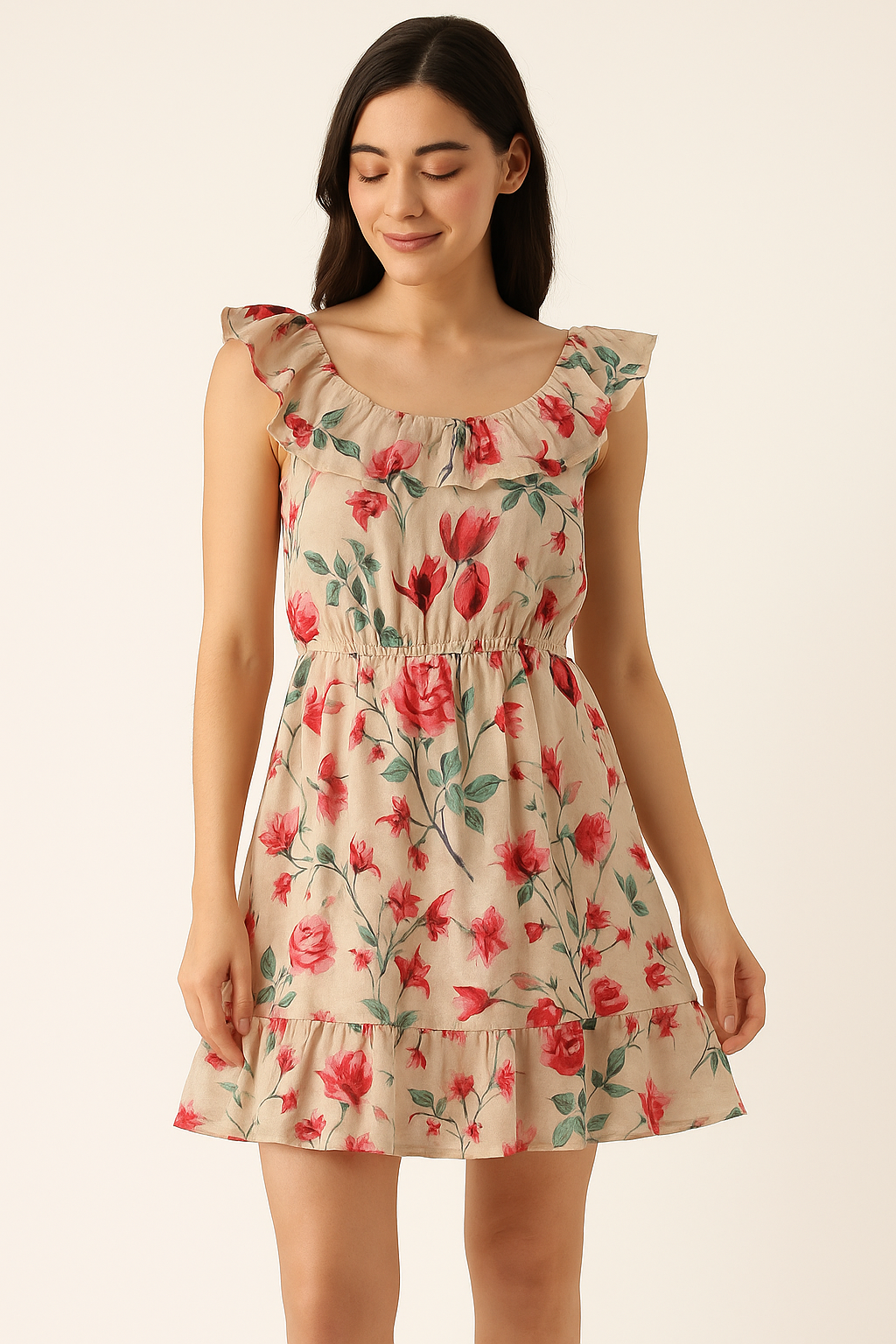 Beautiful Ditsy Red Rose With Lavender Rose  - Pure Cotton