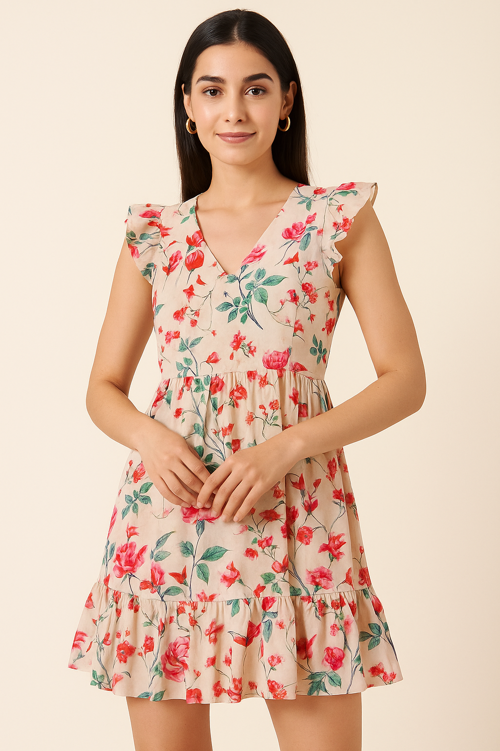 Beautiful Ditsy Red Rose With Lavender Rose  - Pure Cotton