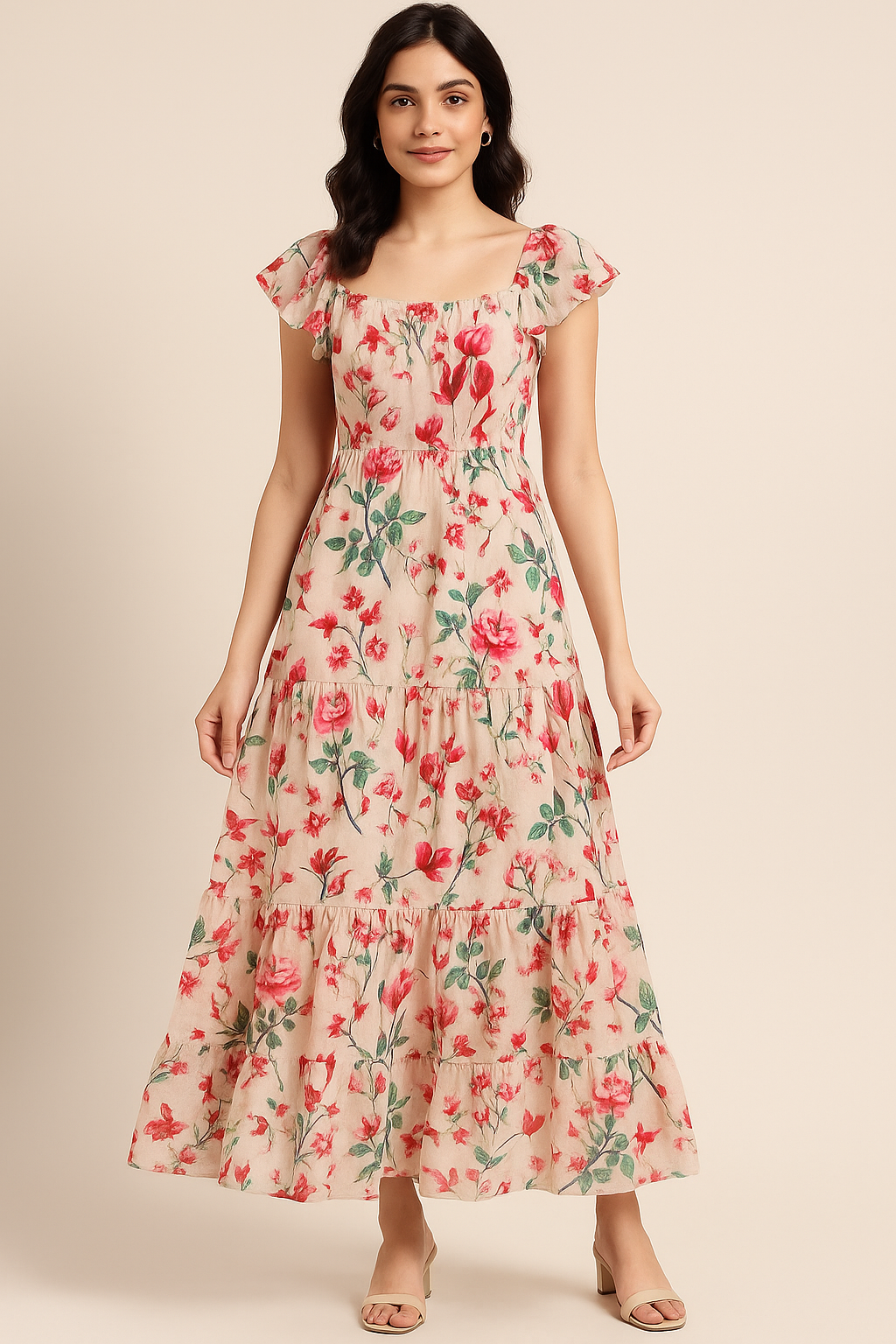 Beautiful Ditsy Red Rose With Lavender Rose  - Pure Cotton