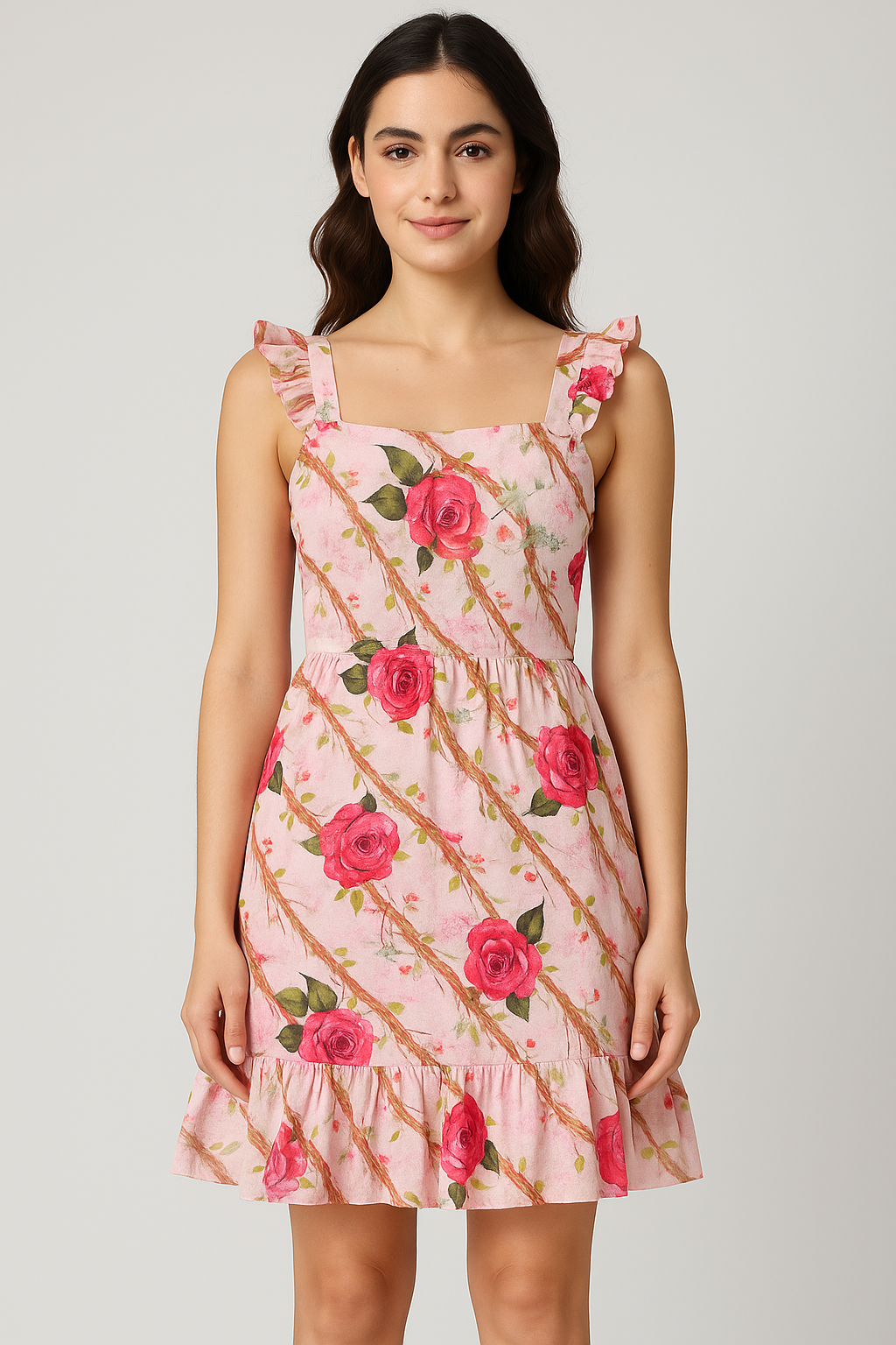 Autumnal Red Roses With Leaves Digital Printed Fabric - Pure Cotton