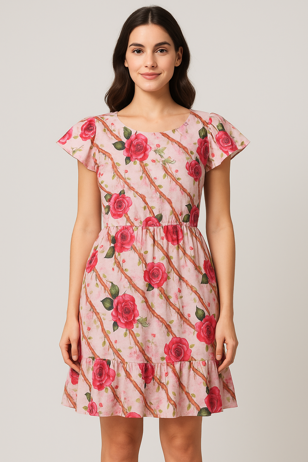 Autumnal Red Roses With Leaves Digital Printed Fabric - Pure Cotton