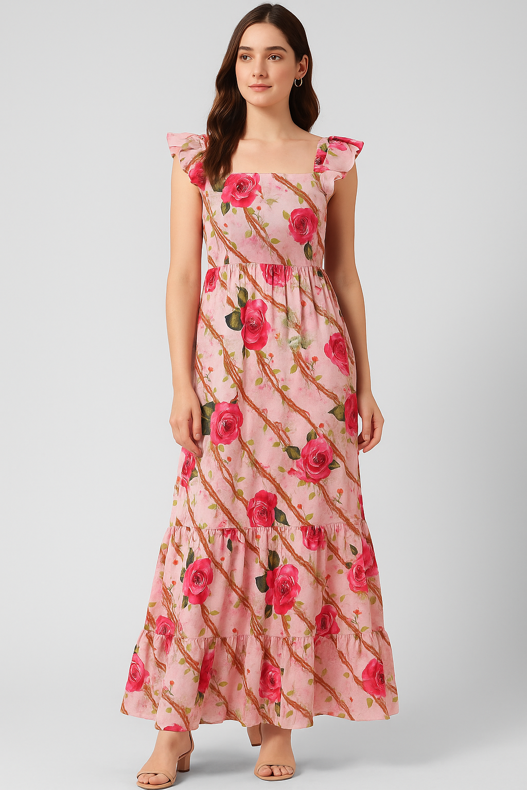 Autumnal Red Roses With Leaves Digital Printed Fabric - Pure Cotton