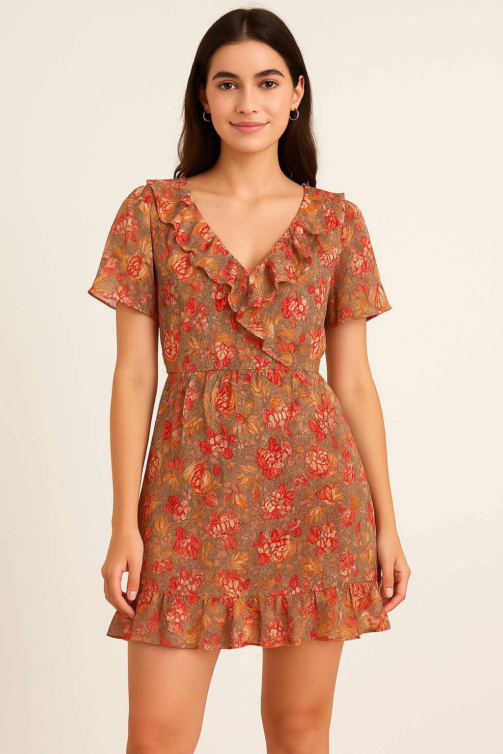 Decorative Leaves With Chiku Brown Digital Printed Fabric - Pure Cotton