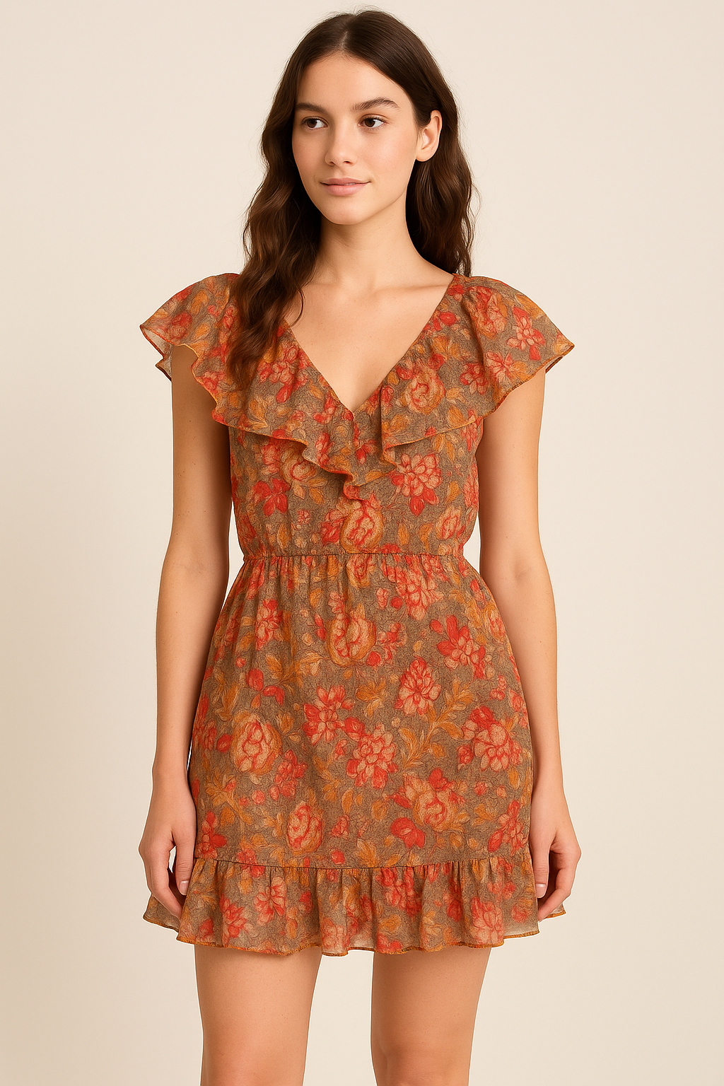 Decorative Leaves With Chiku Brown Digital Printed Fabric - Pure Cotton