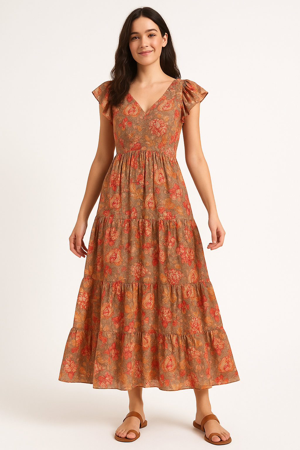 Decorative Leaves With Chiku Brown Digital Printed Fabric - Pure Cotton