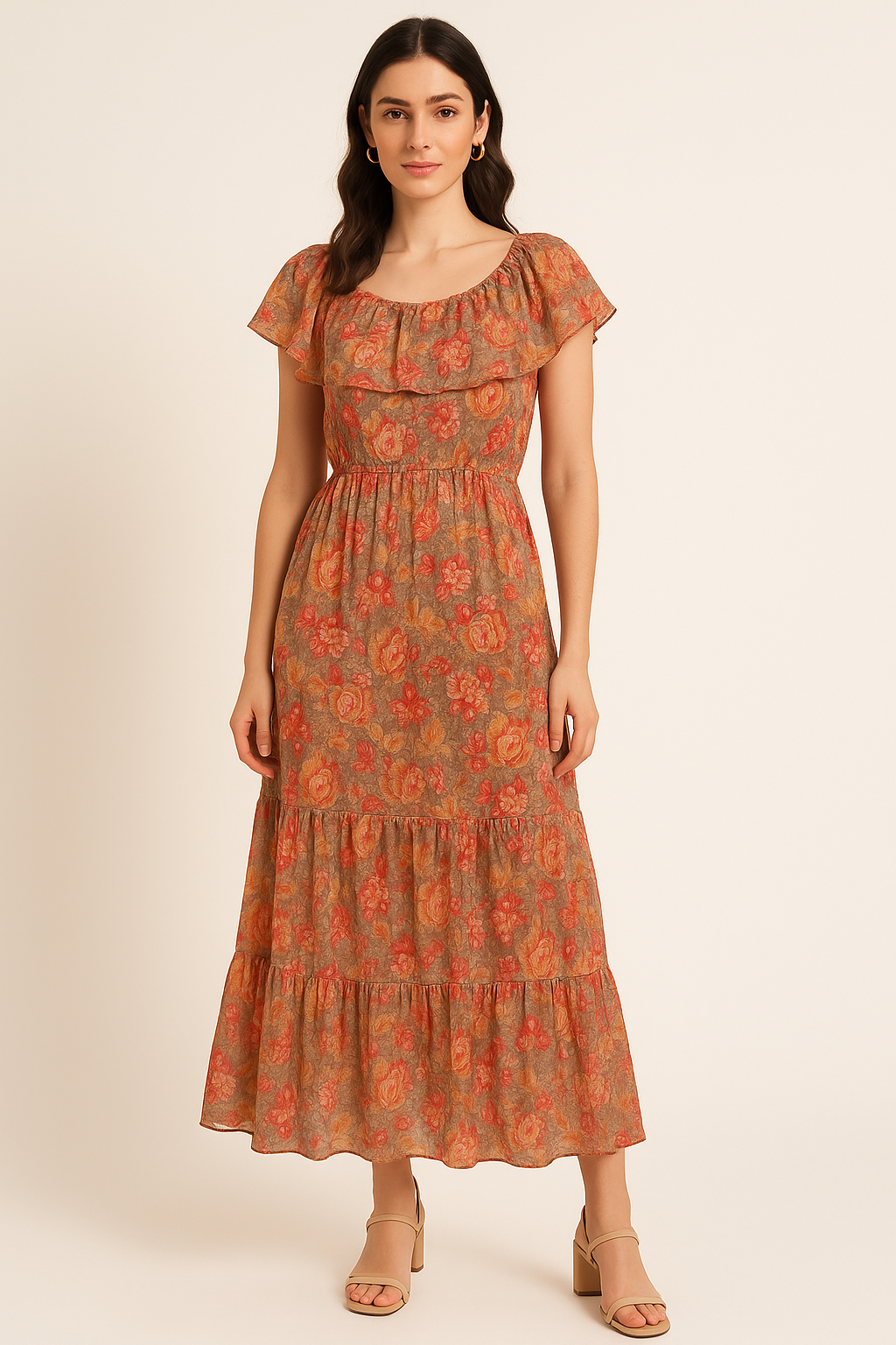 Decorative Leaves With Chiku Brown Digital Printed Fabric - Pure Cotton