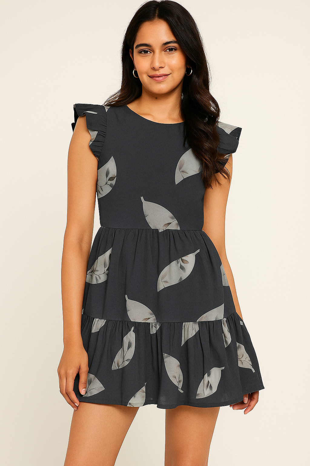 Leaves Print On Dark Grey Base Digital Printed Fabric