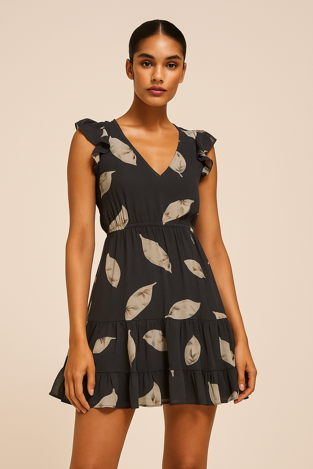 Leaves Print On Dark Grey Base Digital Printed Fabric