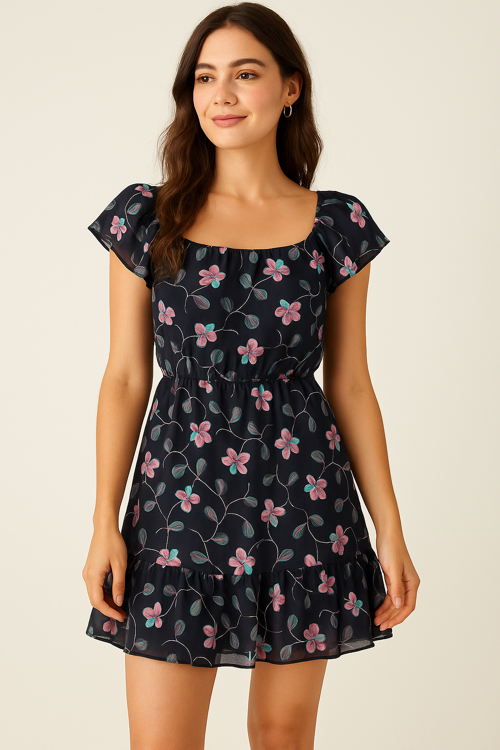 Flowers Floating over Blue Base Digital Printed Fabric