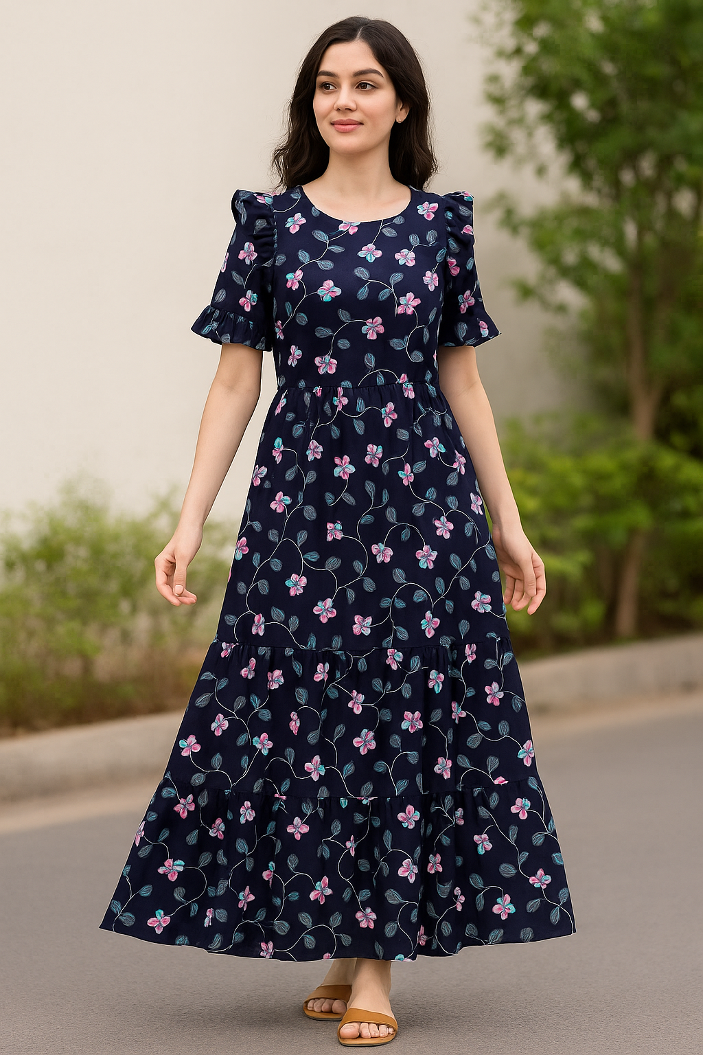 Flowers Floating over Blue Base Digital Printed Fabric