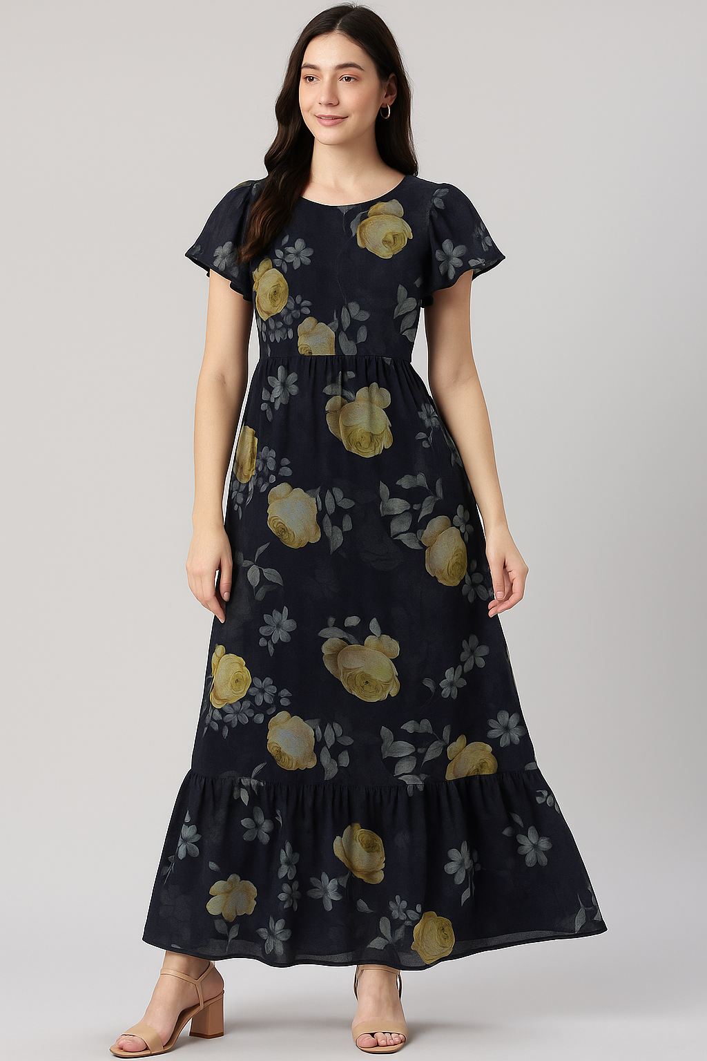 Elegant Floral Over Blue Base Digital Printed Fabric