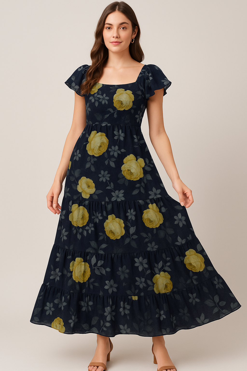 Elegant Floral Over Blue Base Digital Printed Fabric