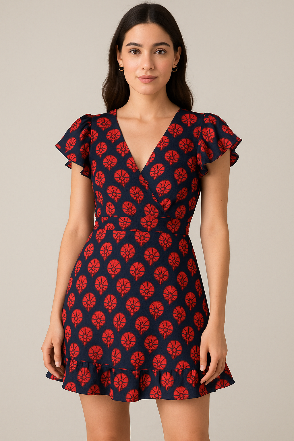 Beautiful Red Floral Over Dark Blue Base Printed Fabric