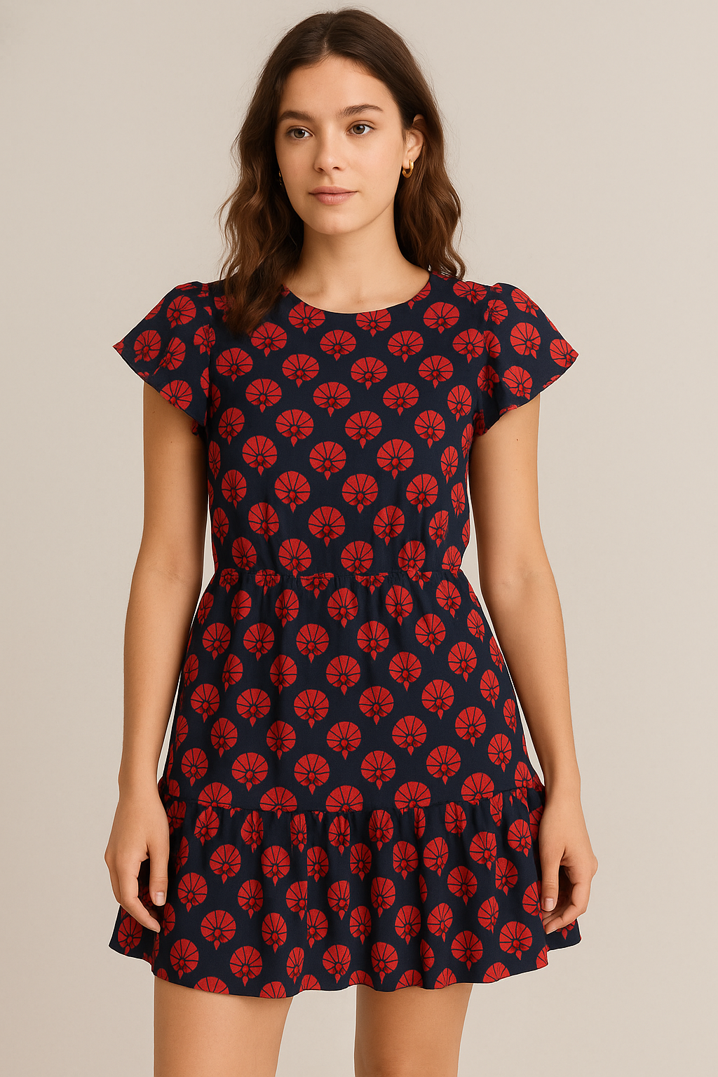 Beautiful Red Floral Over Dark Blue Base Printed Fabric