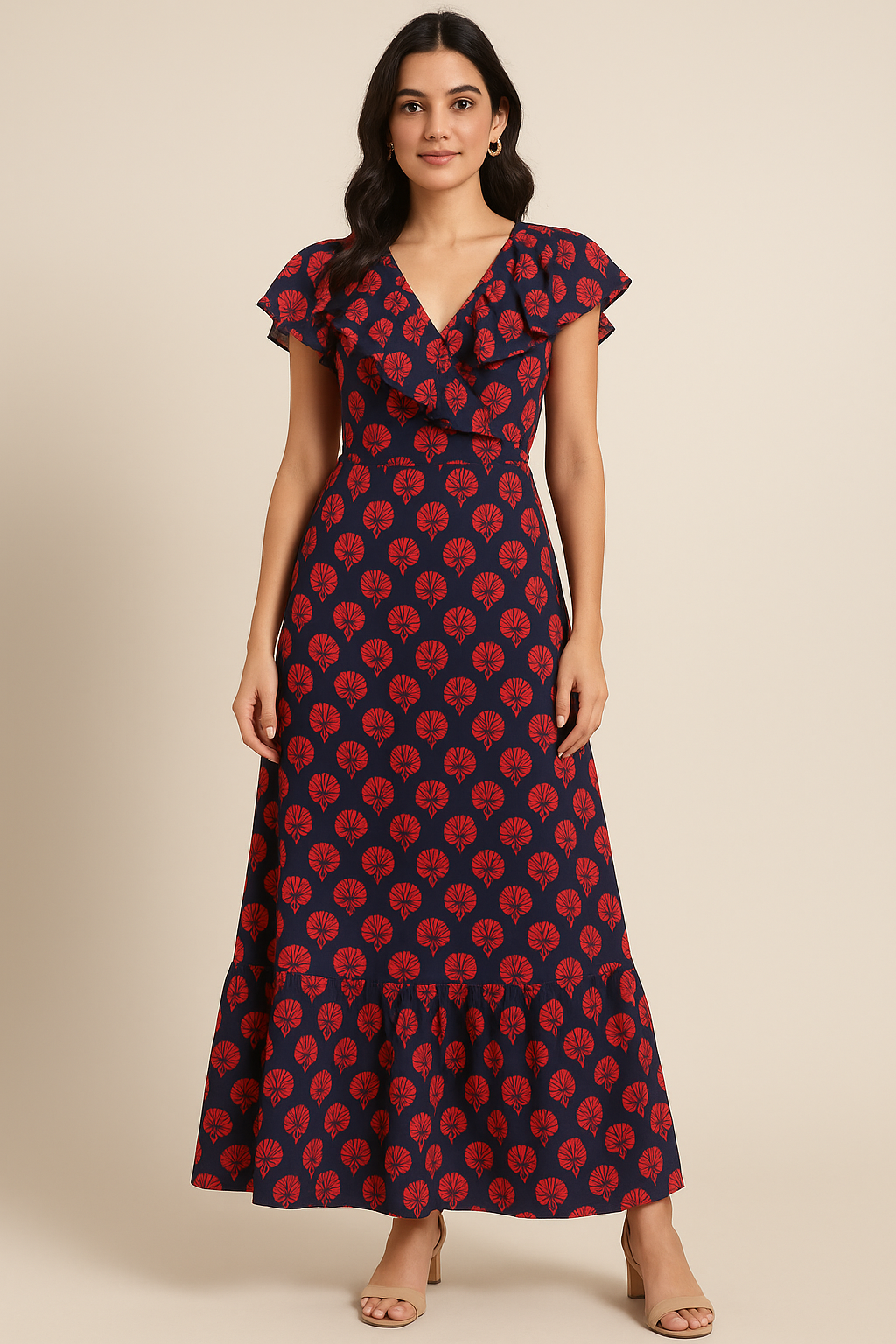 Beautiful Red Floral Over Dark Blue Base Printed Fabric