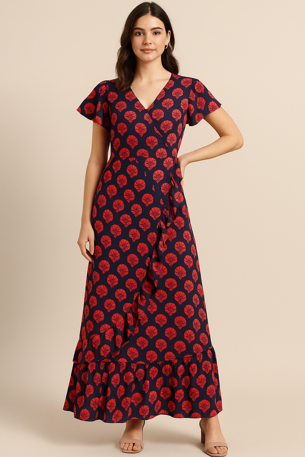 Beautiful Red Floral Over Dark Blue Base Printed Fabric