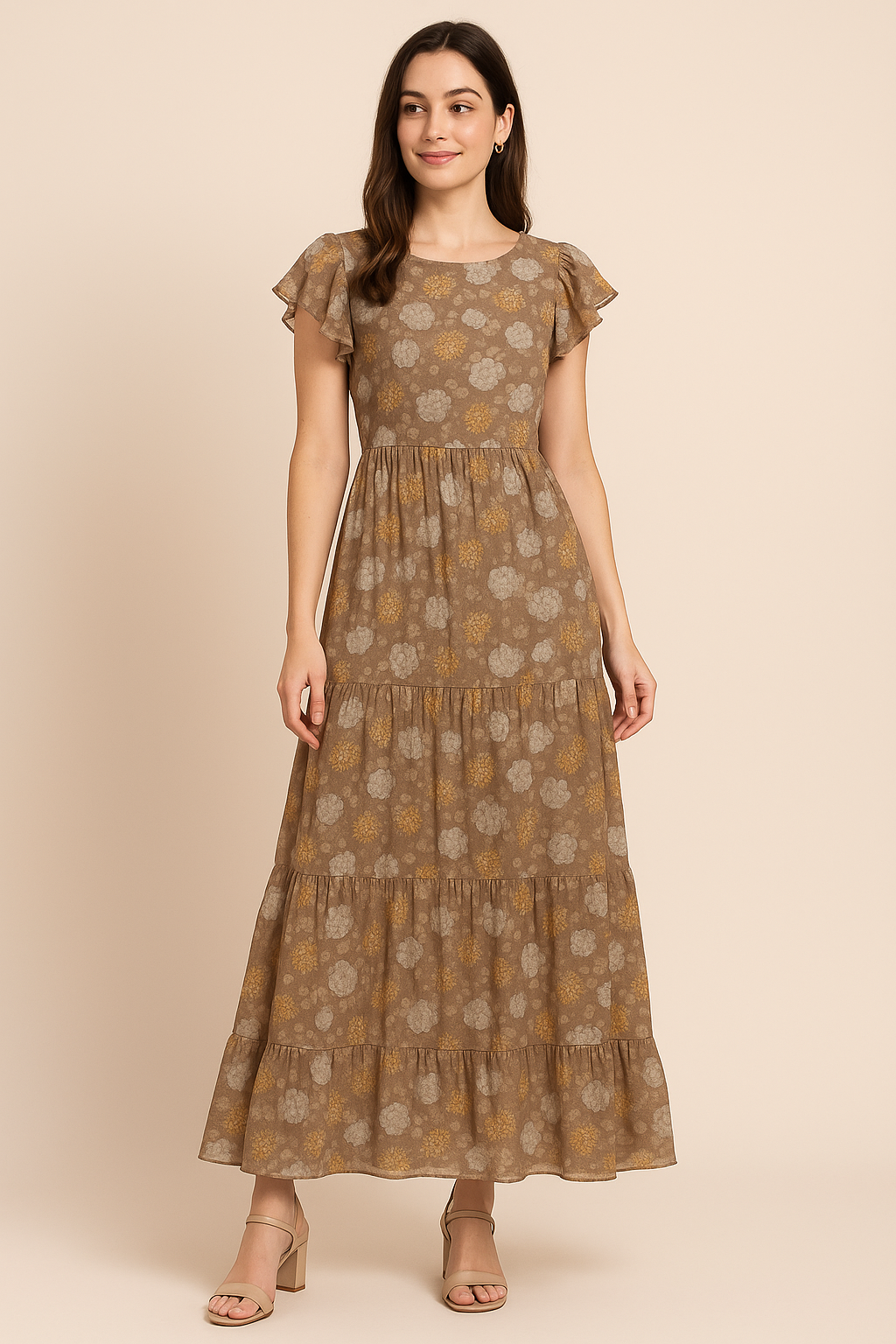 Beautiful Floral Vine Over Brown Base Digital Printed Fabric