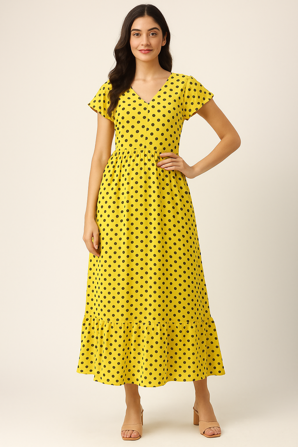 Yellow Polka Dot Digital Printed Fabric - Pure Cotton