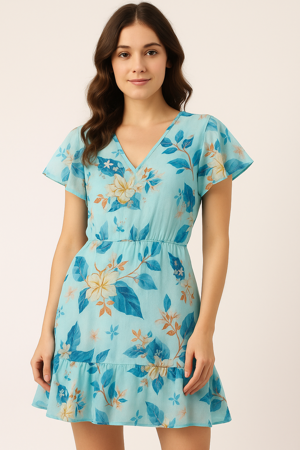 Flower On Ocean Blue Digital Printed Fabric - Pure Cotton