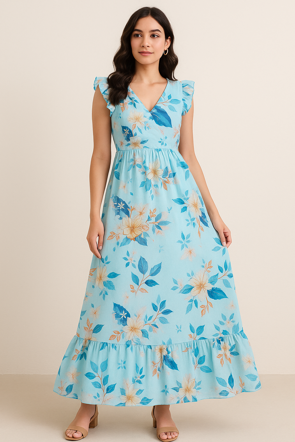 Flower On Ocean Blue Digital Printed Fabric - Pure Cotton