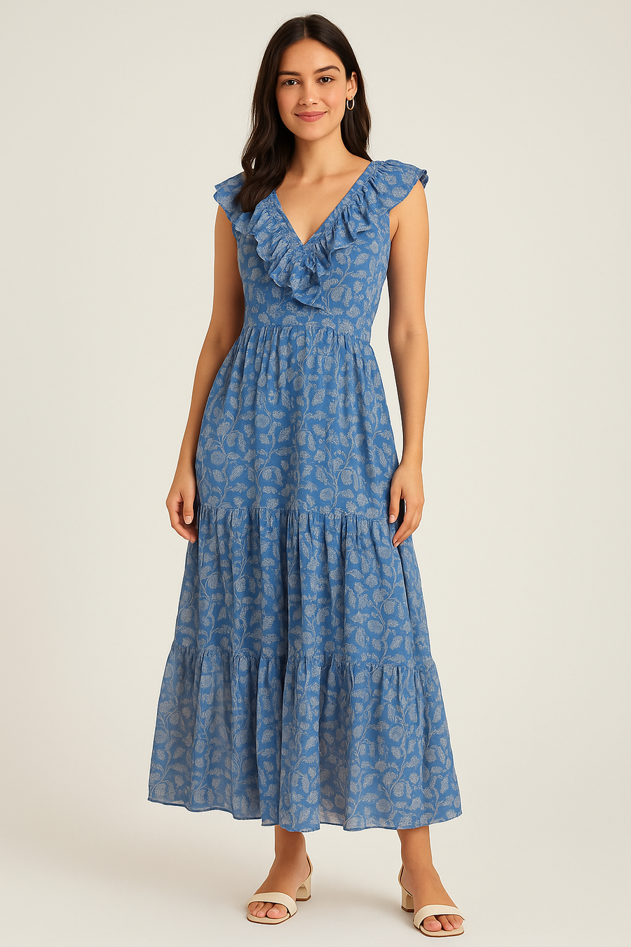 White Jasud Flower With Stalk Digital Printed Fabric - Pure Cotton