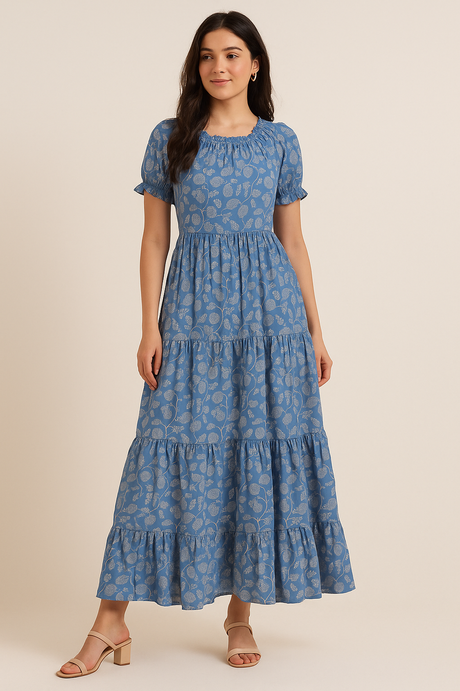 White Jasud Flower With Stalk Digital Printed Fabric - Pure Cotton