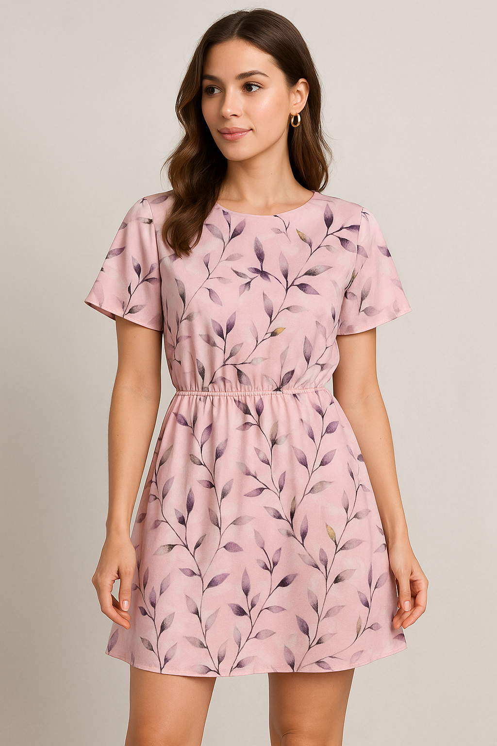 Pinkish Thin And Light Leaves Digital Printed Fabric - Japan Satin