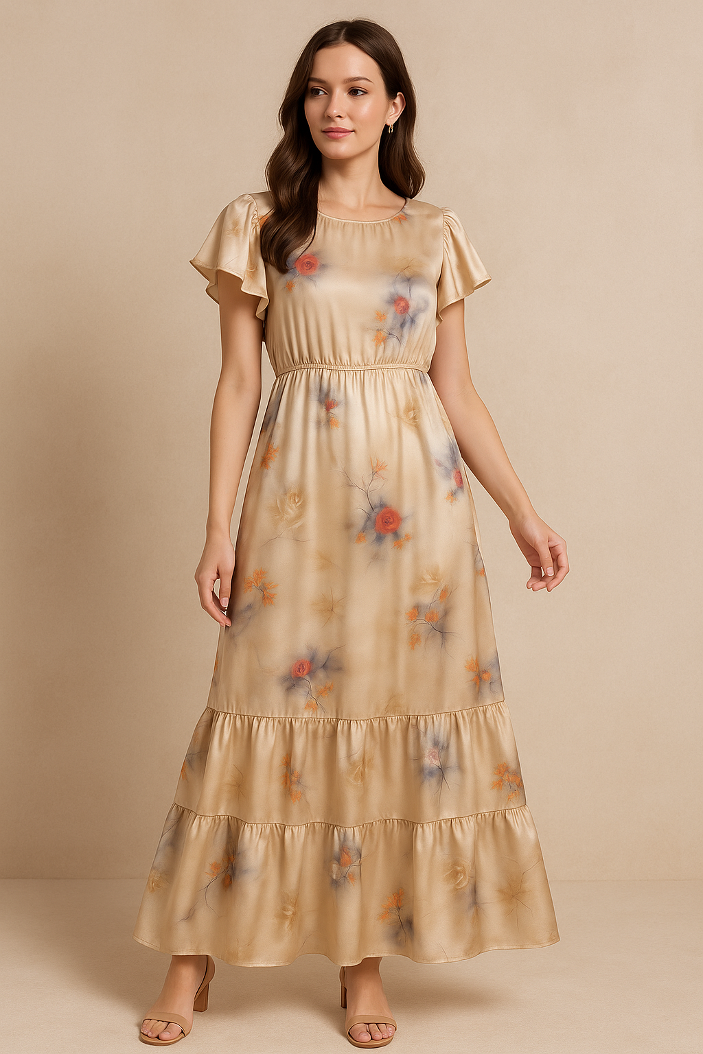 Decorative Roses With Autumn Buds Art Digital Printed Fabric - Japan Satin