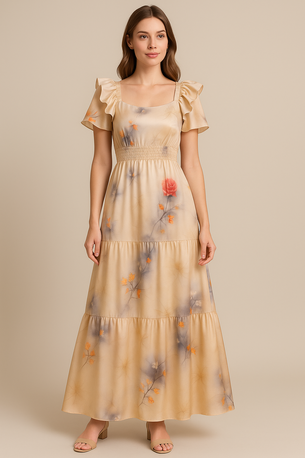 Decorative Roses With Autumn Buds Art Digital Printed Fabric - Japan Satin