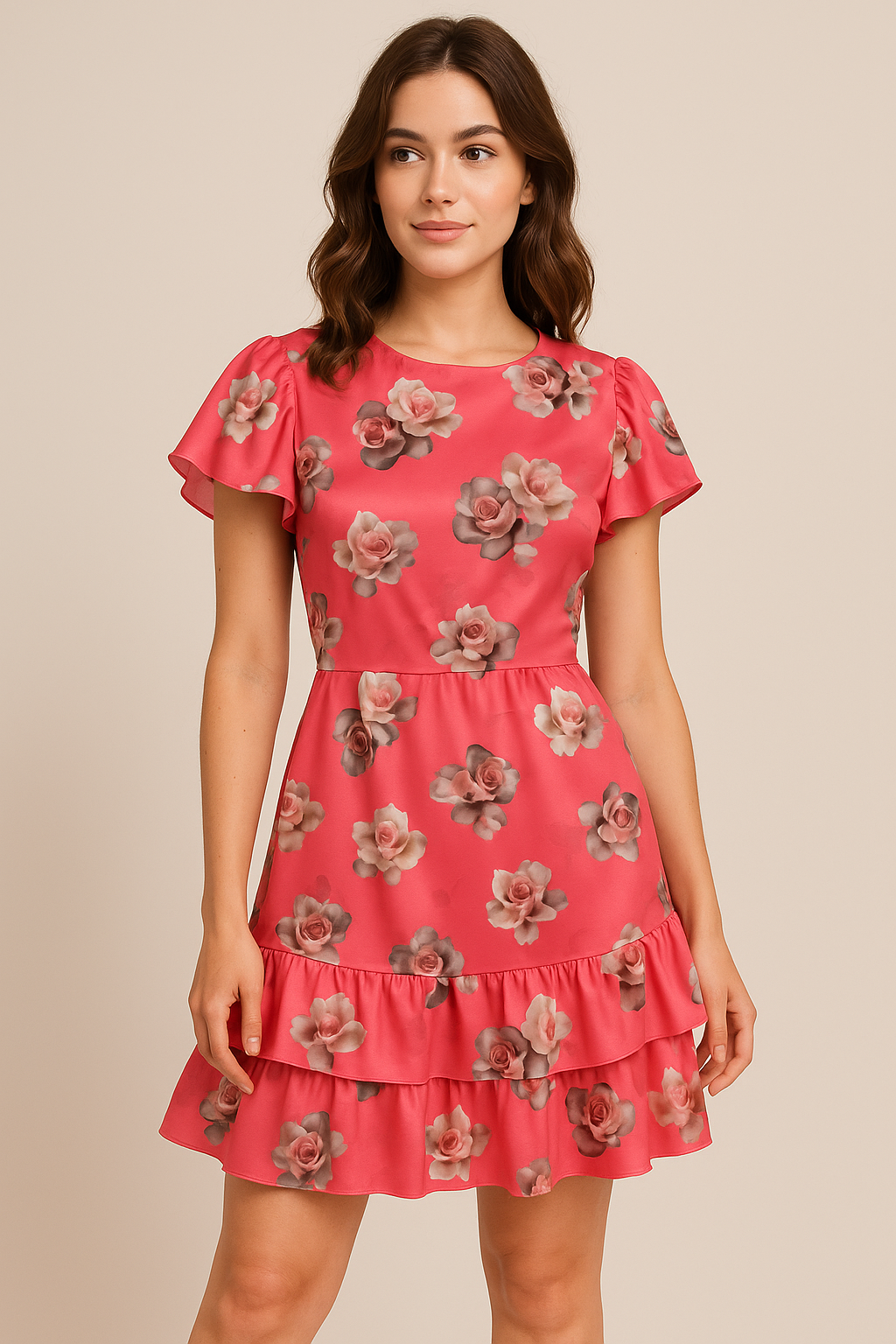 Pinkish Background With Valvet Roses Digital Printed Fabric - Japan Satin