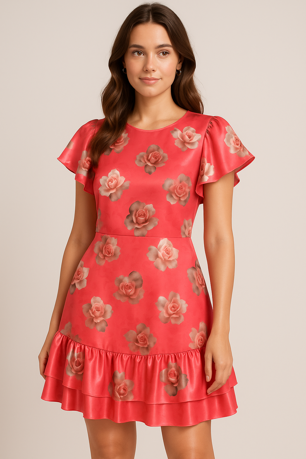 Pinkish Background With Valvet Roses Digital Printed Fabric - Japan Satin