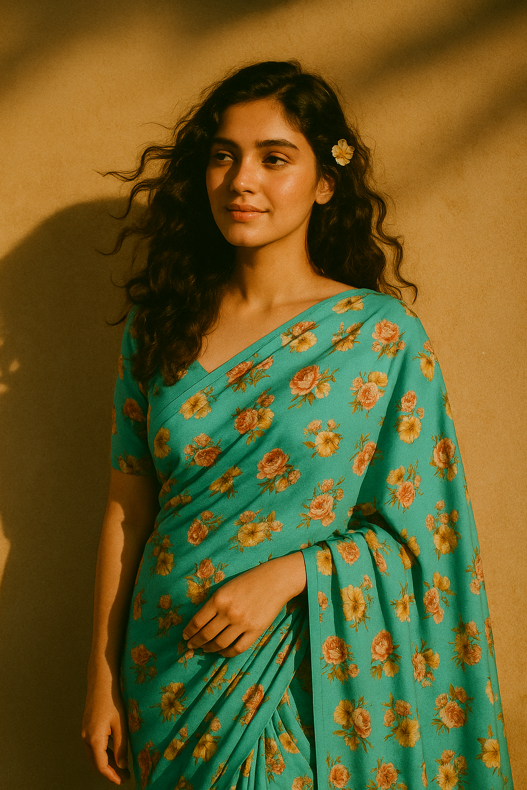 Lovely Periwinkle Flower With Blue Turquoise Digital Printed Fabric - Japan Satin