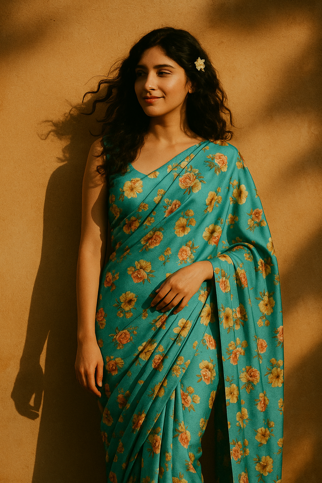 Lovely Periwinkle Flower With Blue Turquoise Digital Printed Fabric - Japan Satin