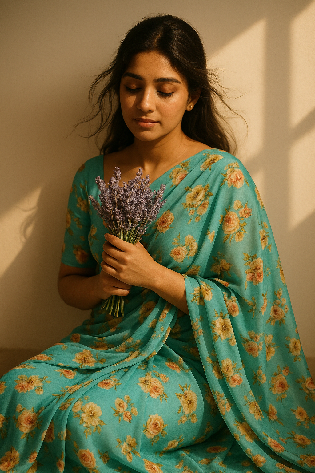 Lovely Periwinkle Flower With Blue Turquoise Digital Printed Fabric - Japan Satin