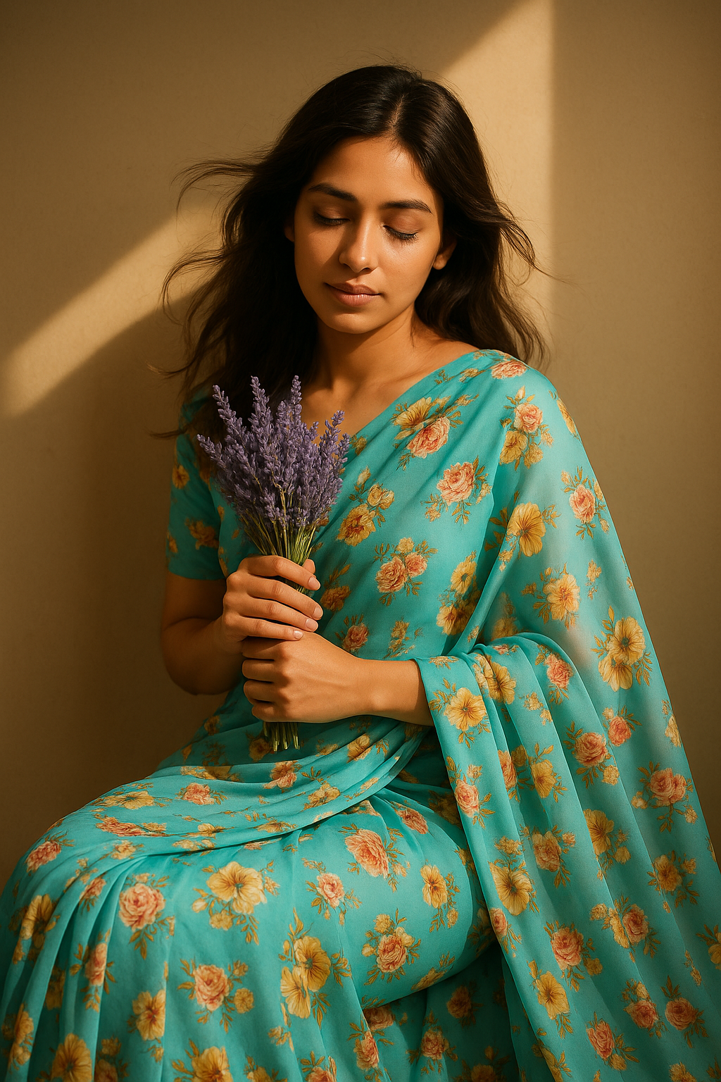 Lovely Periwinkle Flower With Blue Turquoise Digital Printed Fabric - Japan Satin