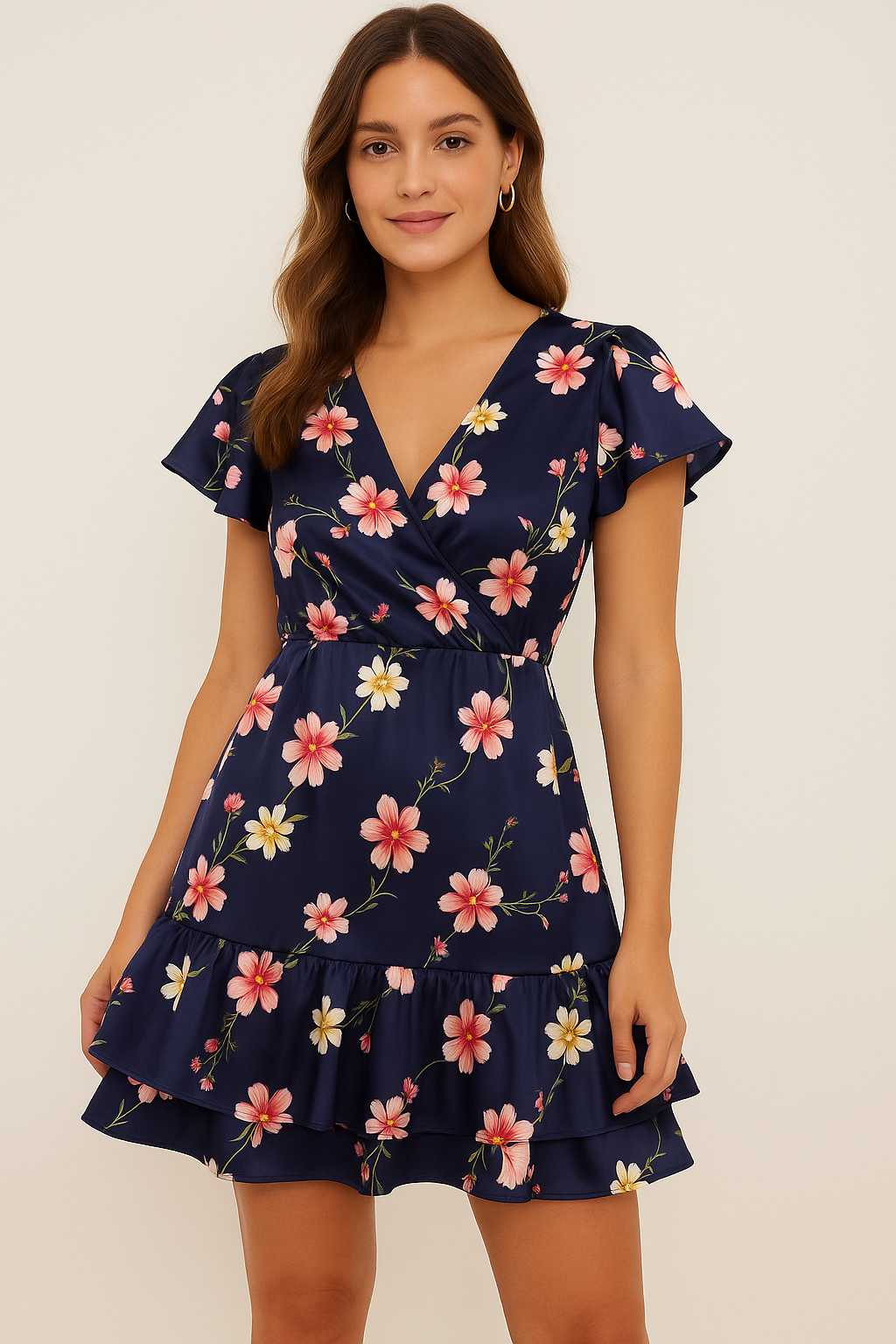 Tiny Colorfull Orchids Floral With Blue Background Digital Printed Fabric - Japan Satin