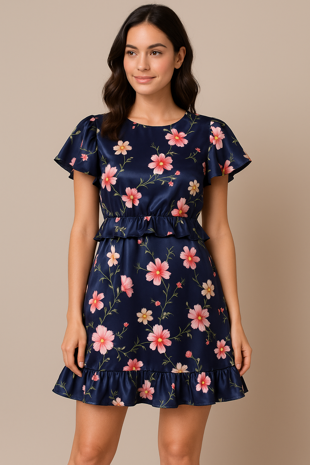 Tiny Colorfull Orchids Floral With Blue Background Digital Printed Fabric - Japan Satin